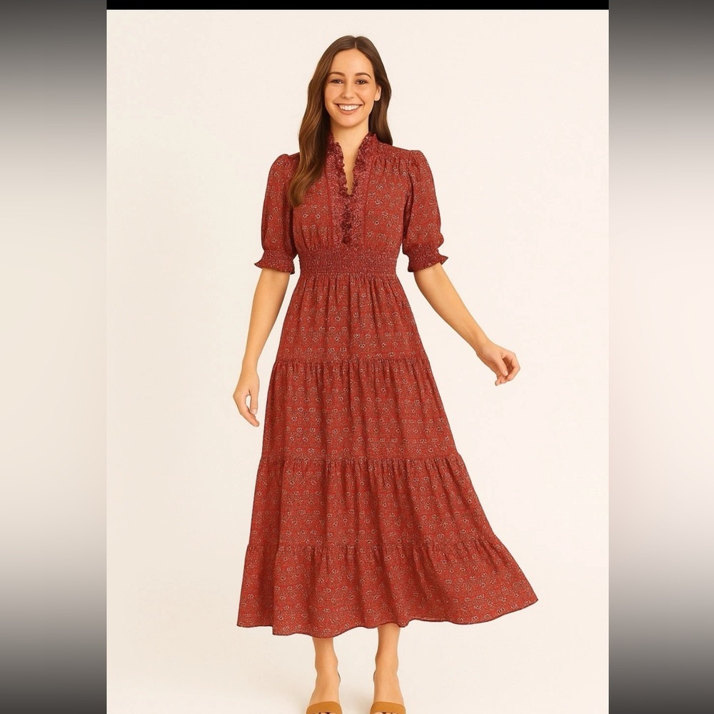 Max Edition Tiered Boho Floral Maxi Dress S Ruffle Smocked Prairie Cottagecore